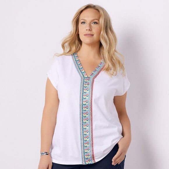 Soft Surroundings Tops - Soft Surroundings White V-neck Izabel Embroidered Jersey-Knit Blouse Size Medium